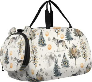 Travel Duffle Bag for Kids Boys Girls Wolf Tree Wolves Sports Bag Overnighter Duffle Sleepover Weekender with Shoes Compartment