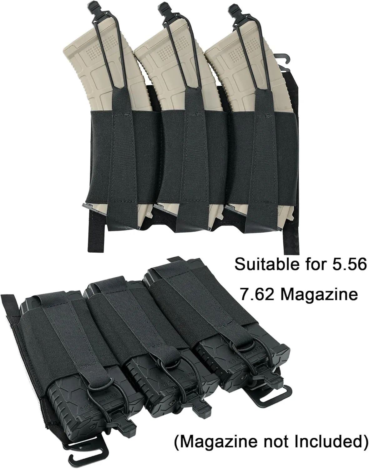Triple Mag Pouch Front Placard,Tactifans Elastic 5.56 7.62 Rifle Magazine Pouch G Hook & 2 Webbing Buckle Kit for Tactical Vest
