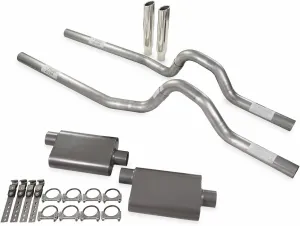 Truck Exhaust Kits - Shop Line Dual Exhaust System 2.5 inch Aluminized 2 Chamber Mufflers Rear Exit Polished Rolled Edge Clamp On Tips Fits C/K 10 Half Ton 81 to 87
