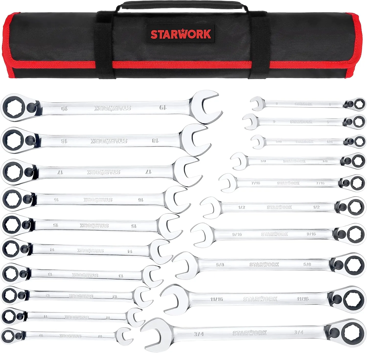 TRUE MECHANIC™ 20 Pc. Reversible Ratcheting Combination Wrench Set, Non-Slip, Long Pattern, SAE, Metric, Professional, With Portable Roll-Up Pouch Bag…