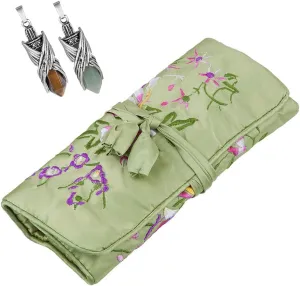 TUMBEELLUWA Pack of 2 Hexagonal Crystal Point Pendant Necklaces & Embroidery Travel Jewelry Bag