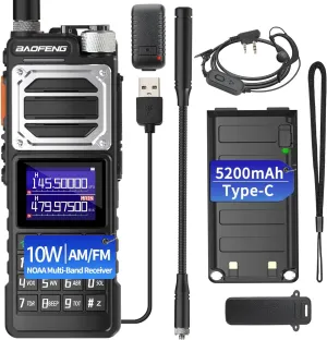 UV-25 Ham Radio 10W Long Range Handheld Tactical Tri-Power Walkie Talkies NOAA Weather Receiver 5200mAh Type-C Charging Two Way Radios,Copy Frequency,Airband Full Kit