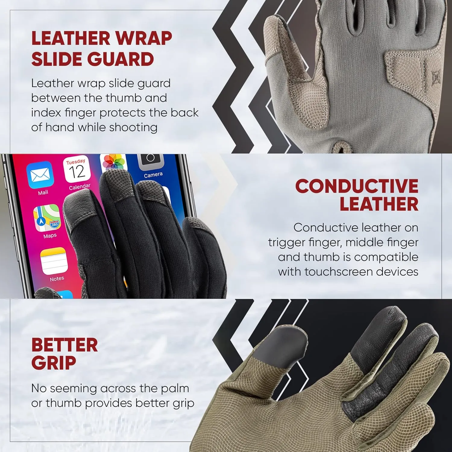 Vertx Mens Gloves, Breathable, Touch Screen Compatible Leather Palm, Removable Index Finger
