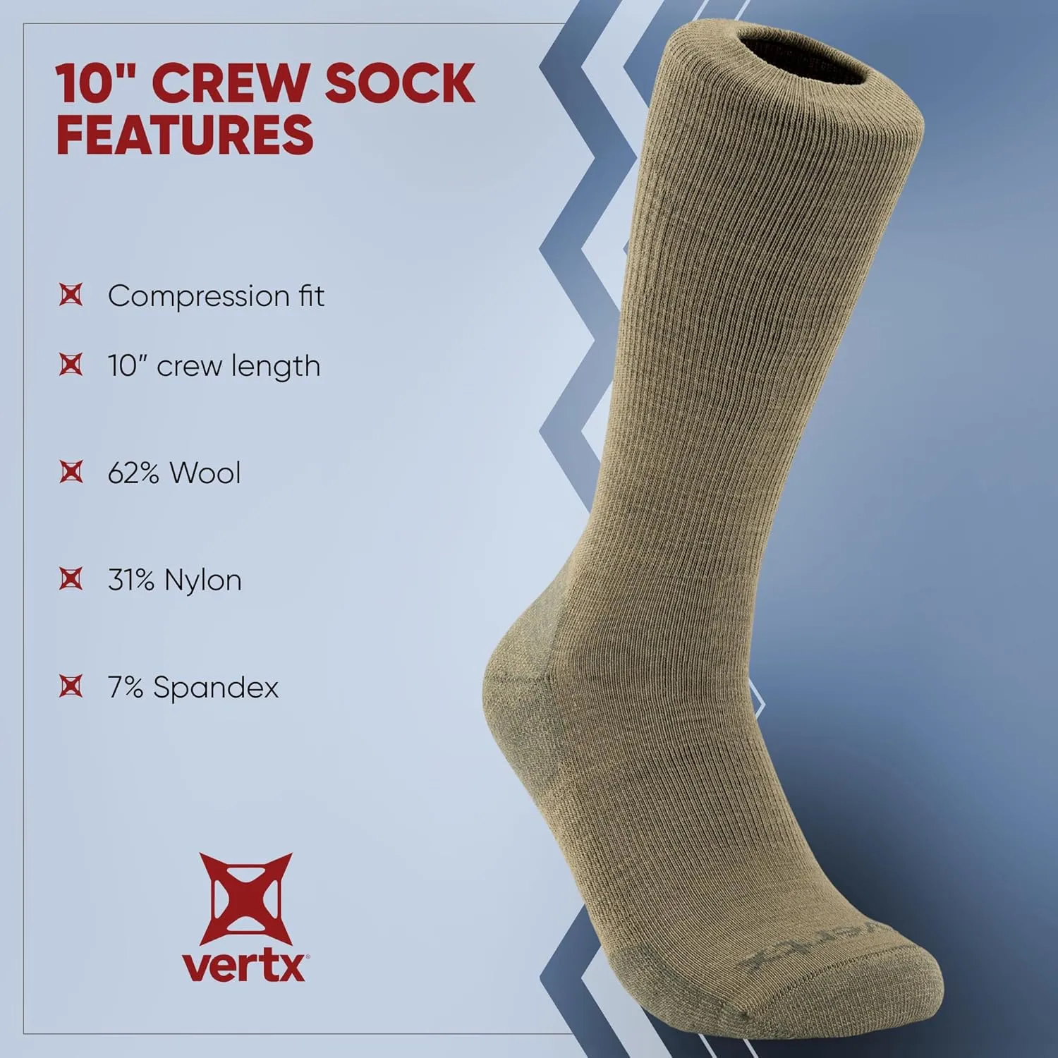 Vertx VaporCore Mens Crew Socks 10", Tactical Athletic Moisture Wicking Merino Wool Socks, Quick Drying with Odor Control