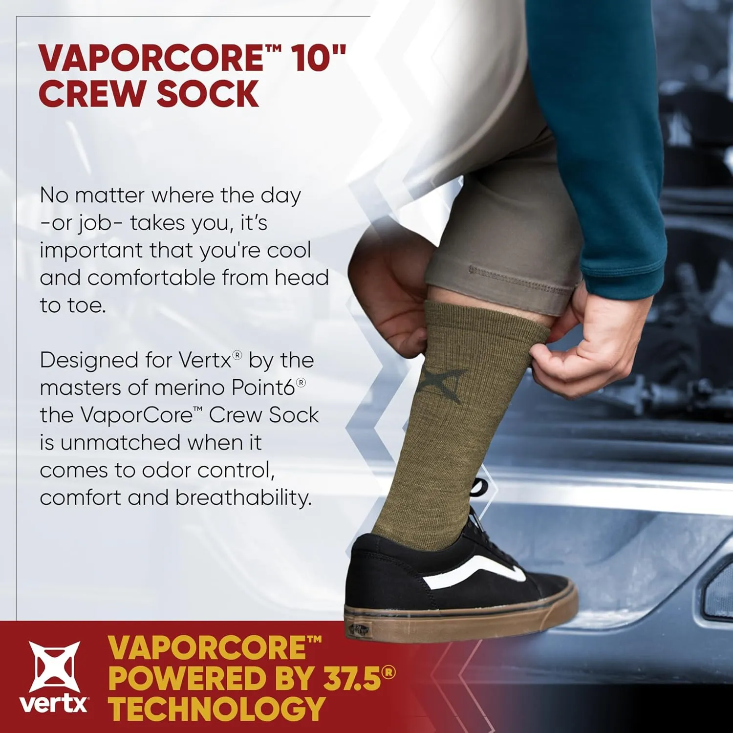 Vertx VaporCore Mens Crew Socks 10", Tactical Athletic Moisture Wicking Merino Wool Socks, Quick Drying with Odor Control