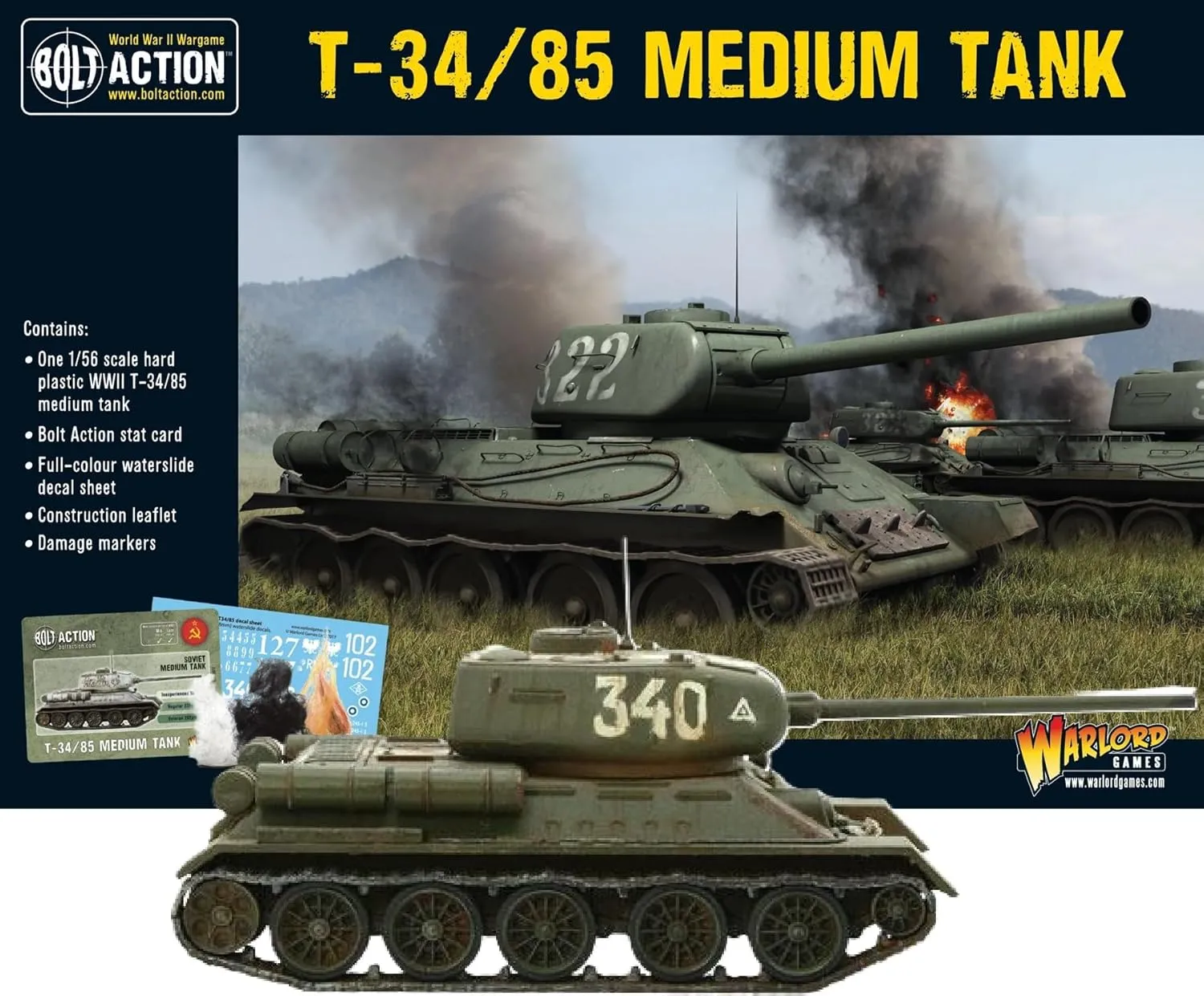 Warlord Bolt Action Soviet T34/85 Medium Tank 1:56 WWII Military Wargaming Plastic Model Kit, Small