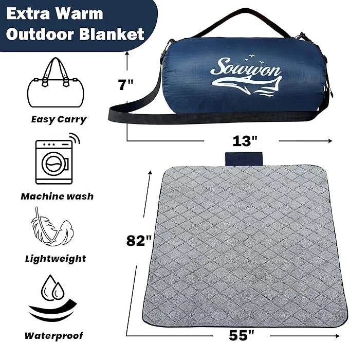 Waterproof Outdoor Blanket 82”X 55” Packable, Stadium Blankets for Camping with Sherpa Fleece Lining, Large Windproof Emergency Throw Mat for Garss Picnic Hiking Road Trip, Machine Washable, Navy