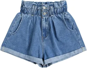 WDIRARA Women's Paper Bag Waist Button Roll Up Hem Denim Shorts with Pockets
