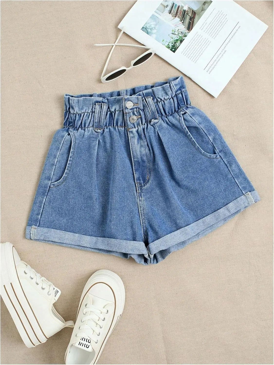 WDIRARA Women's Paper Bag Waist Button Roll Up Hem Denim Shorts with Pockets