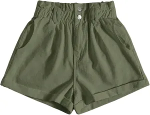WDIRARA Women's Paper Bag Waist Button Roll Up Hem Denim Shorts with Pockets
