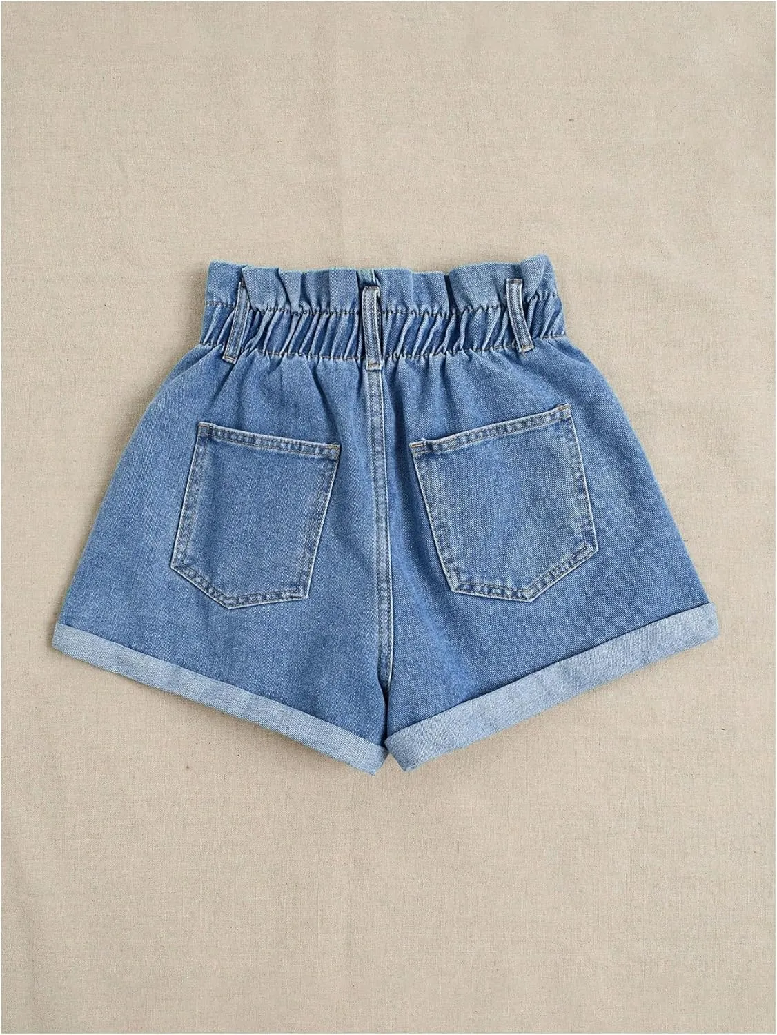 WDIRARA Women's Paper Bag Waist Button Roll Up Hem Denim Shorts with Pockets