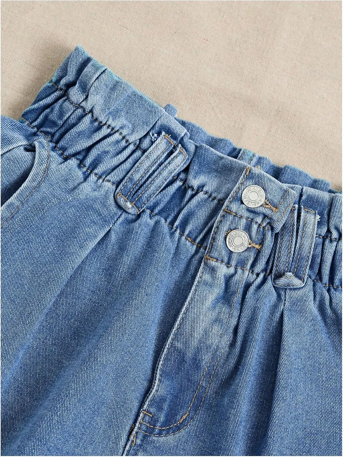 WDIRARA Women's Paper Bag Waist Button Roll Up Hem Denim Shorts with Pockets