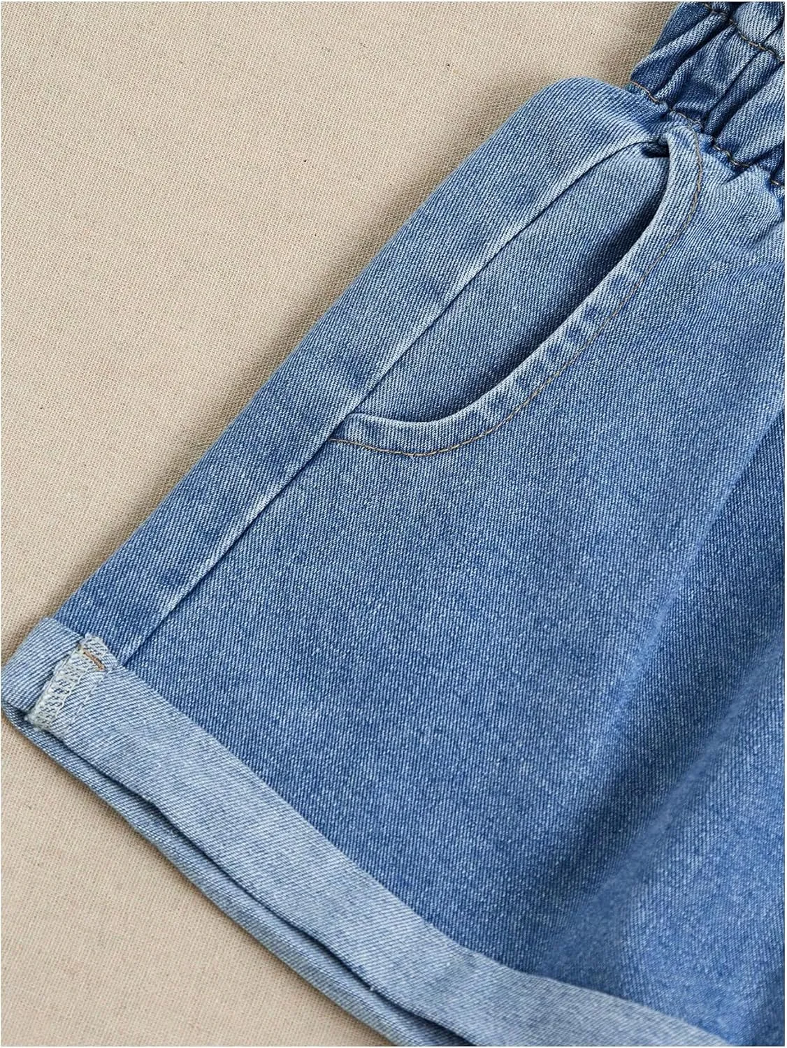 WDIRARA Women's Paper Bag Waist Button Roll Up Hem Denim Shorts with Pockets