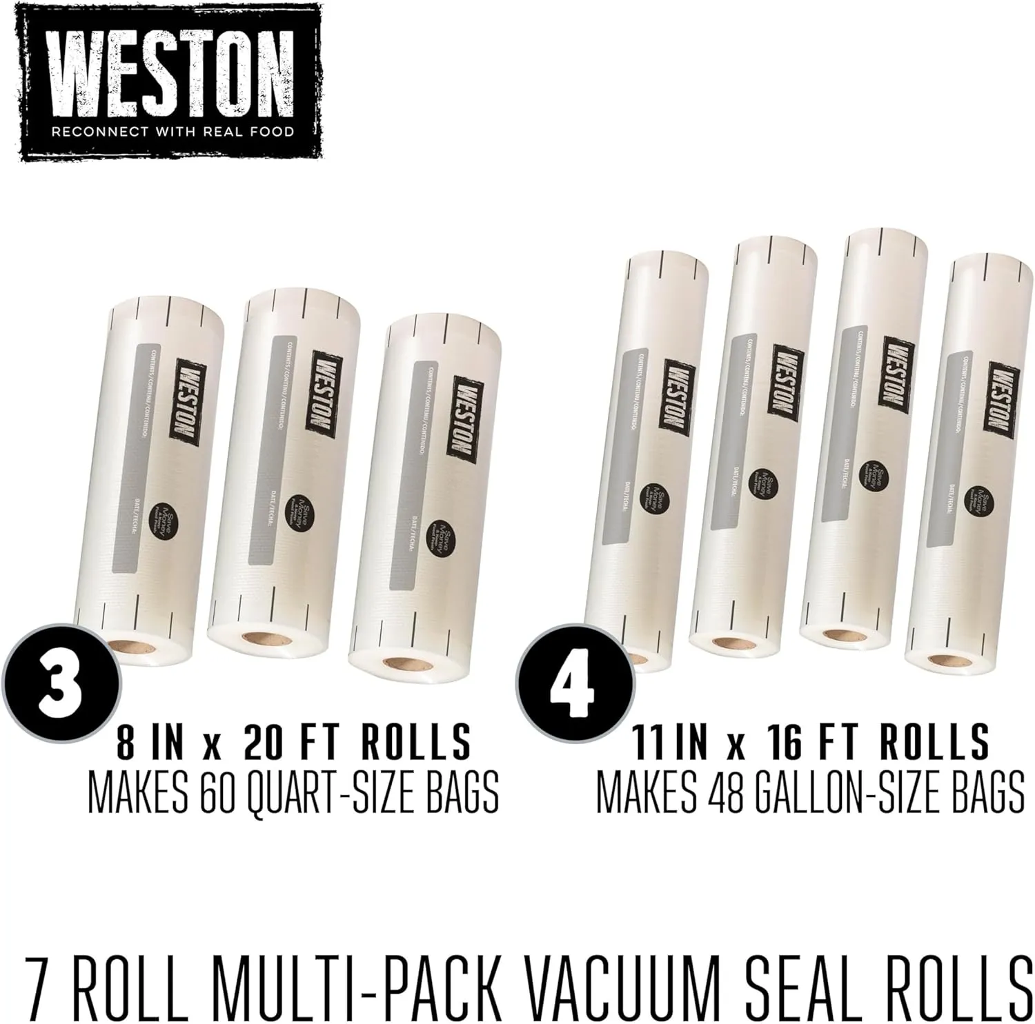 Weston Vacuum Sealer Bags, 2 Ply 3mm Thick, for NutriFresh, FoodSaver & Other Heat-Seal Systems, for Meal Prep and Sous Vide, BPA Free, 8" x 20’ & 11” x 16’ Rolls for Custom Sizes, 7 Count, Clear