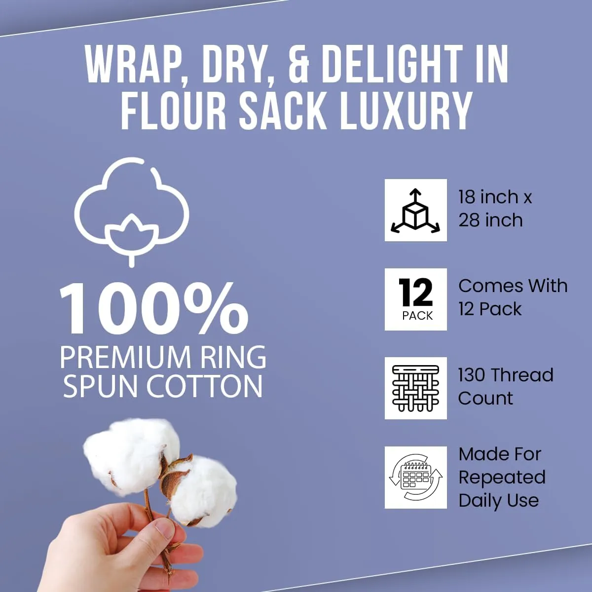WHITEWRAP Flour Sack Towels| Tea Towel for Crafts| Kitchen Dish Cotton Blank Towel for Embroidery|Baking Bread Proofing Linen Cover| Thick Absorbent Quick Dry| 12 Pack 18"x28" White