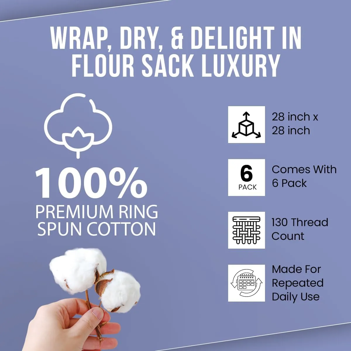 WHITEWRAP Flour Sack Towels| Tea Towel for Crafts| Kitchen Dish Cotton Blank Towel for Embroidery|Baking Bread Proofing Linen Cover| Thick Absorbent Quick Dry| 6 Pack 28"x28" White