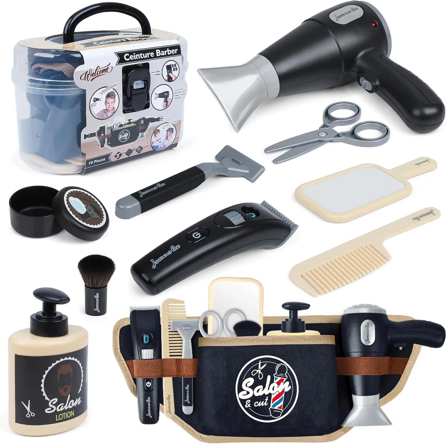 WishaLife Barber Shop Pretend Play Toy with Toolbelt, Kids Shaving Kit for Boys, Haircut Kit for Boys 3  Year Old Birthday Gift, Hair Salon Toddler Play Set, with Storage Box for Role Play, Black