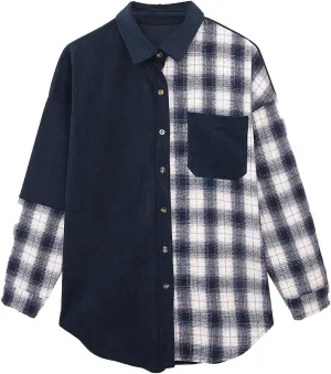 Women Contrast Color Roll Up Corduroy Tunic Blouse Corduroy Winter Plaid Loose Pocket Shirt Button Boyfriend Jacket