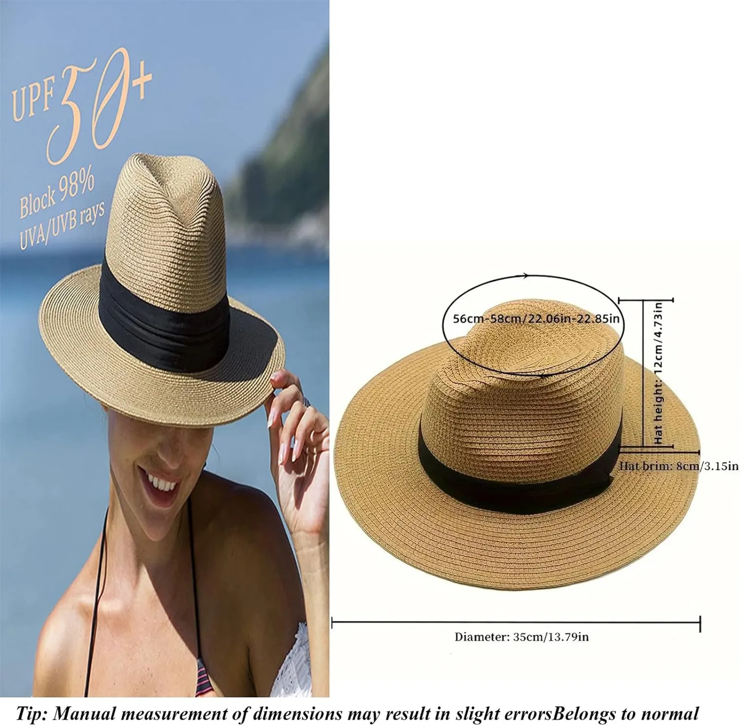 Womens Mens Wide Brim Straw Panama Hat Beach Sun Hat Summer Wide Brim Straw Roll up Hat Fisherman's UPF 50