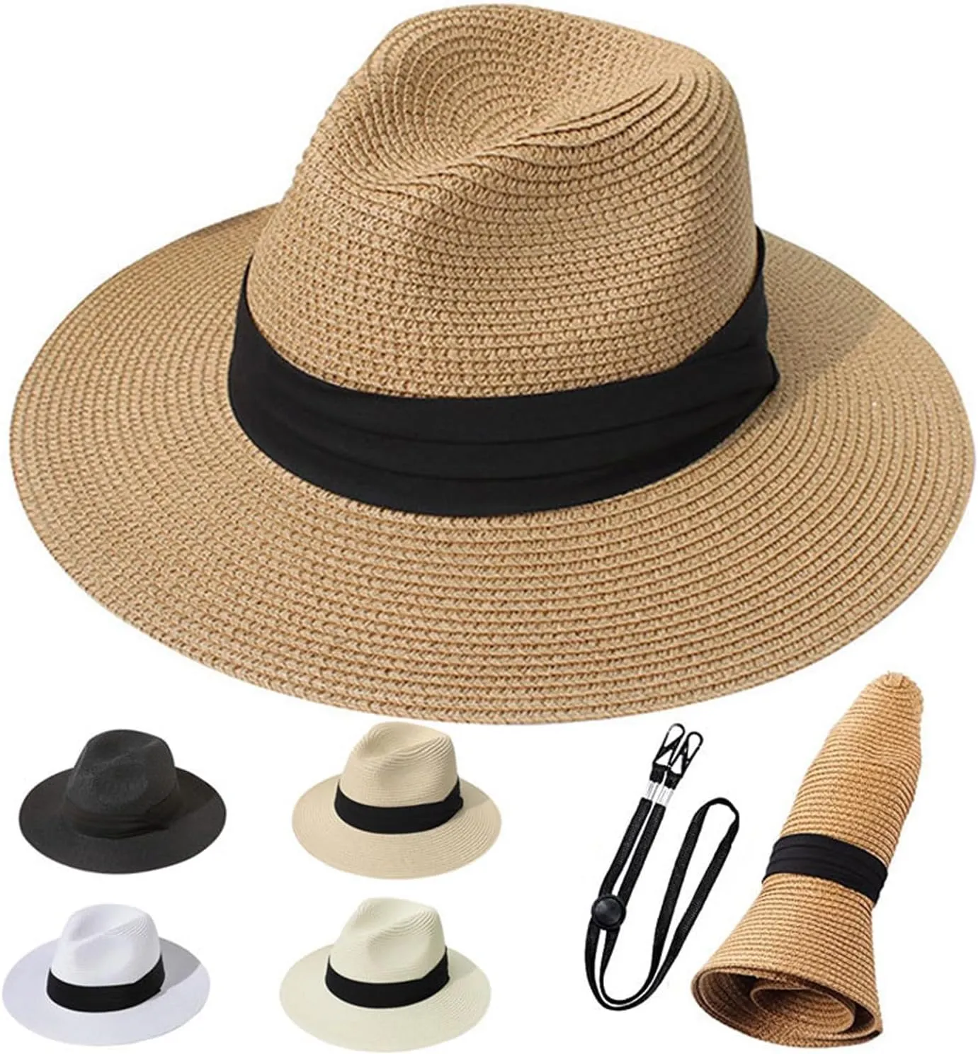 Womens Mens Wide Brim Straw Panama Hat Beach Sun Hat Summer Wide Brim Straw Roll up Hat Fisherman's UPF 50