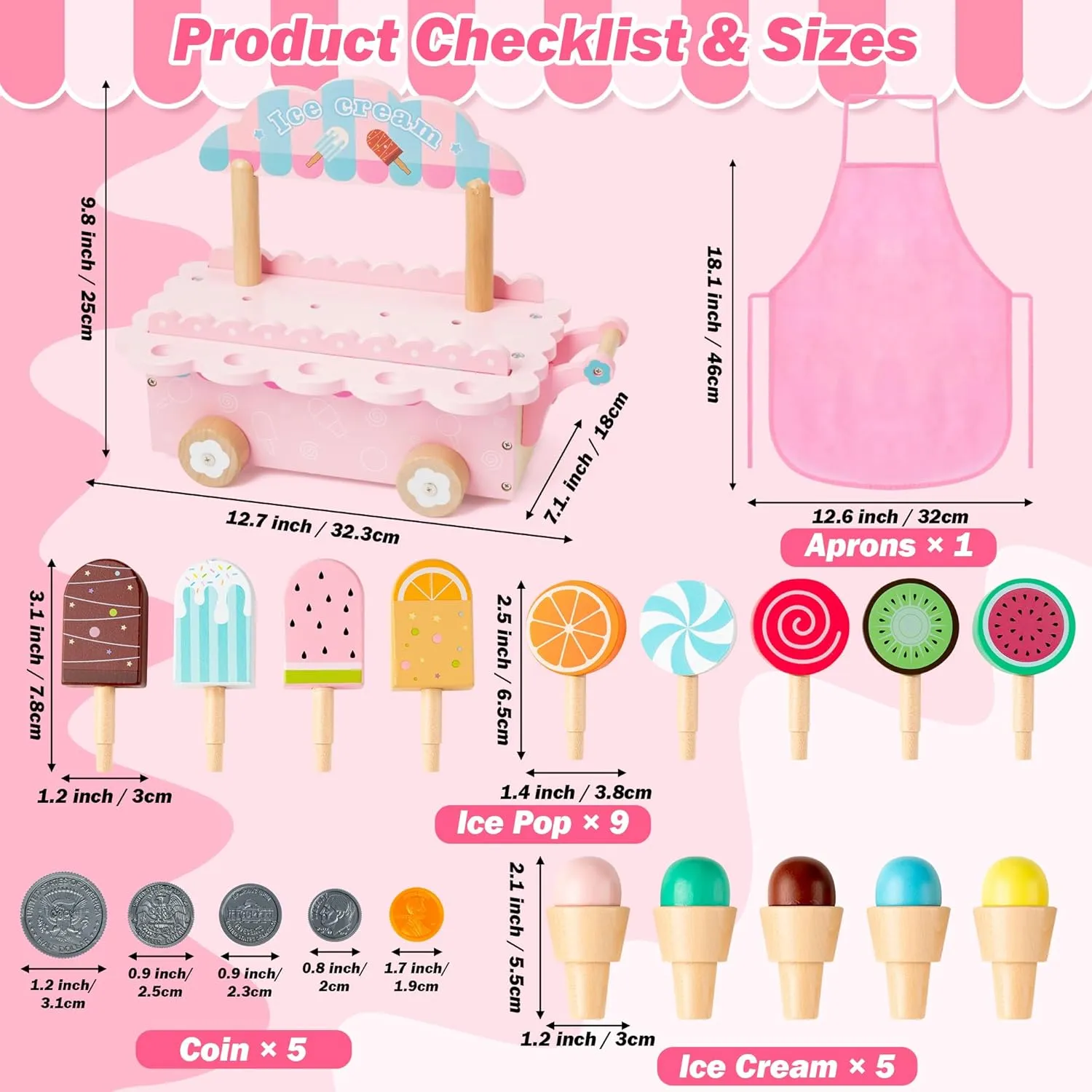 Wooden Ice Cream Truck Toys - Ice Creams Cart Counter Shop Playset for Kids, Play Kitchen Set with Coins & Apron, Food Learning Birthday Gifts for Girls Boys Toddler Children Ages 3-5 4-8 (Pink)