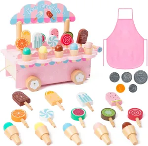 Wooden Ice Cream Truck Toys - Ice Creams Cart Counter Shop Playset for Kids, Play Kitchen Set with Coins & Apron, Food Learning Birthday Gifts for Girls Boys Toddler Children Ages 3-5 4-8 (Pink)
