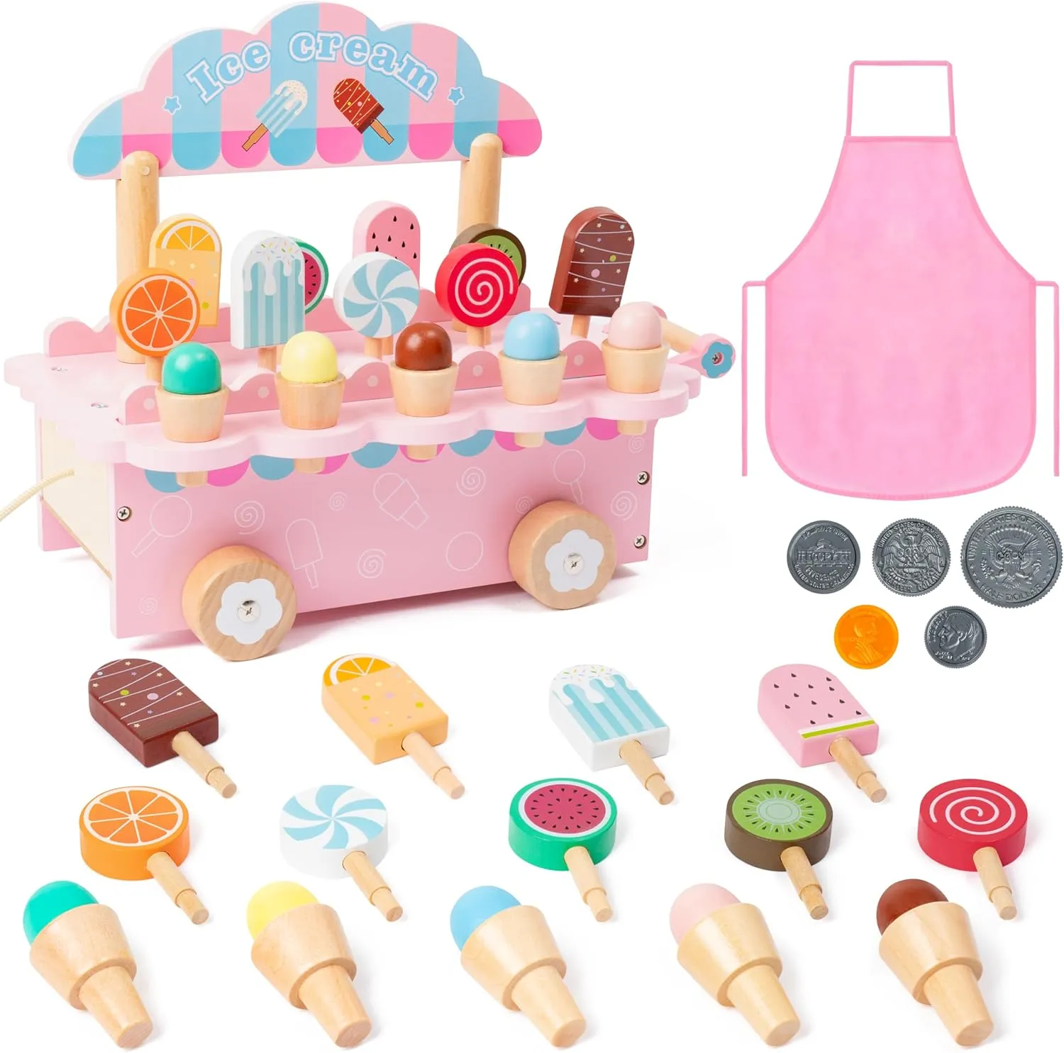 Wooden Ice Cream Truck Toys - Ice Creams Cart Counter Shop Playset for Kids, Play Kitchen Set with Coins & Apron, Food Learning Birthday Gifts for Girls Boys Toddler Children Ages 3-5 4-8 (Pink)