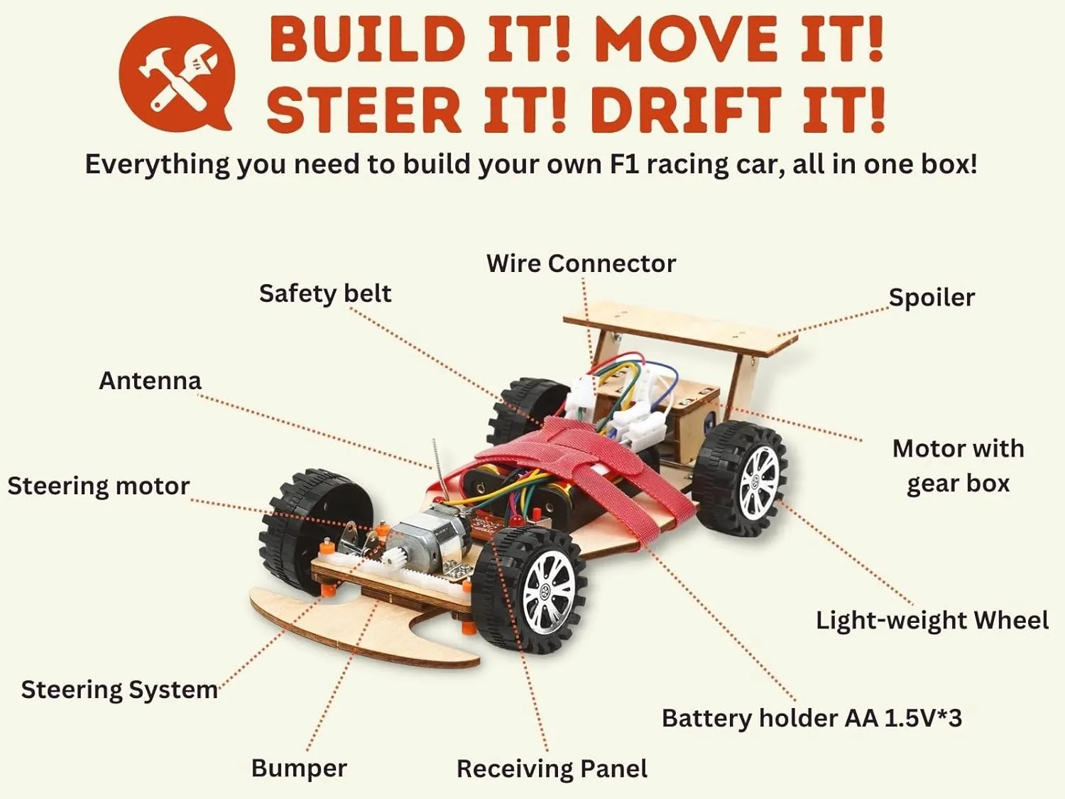 Wooden Wireless Remote Control F1 Racing Car Science Kit to Build (Red), STEM Project for Kids Aged 9 10 11 12 13, Science Building Kit Gift for Boys and Girls