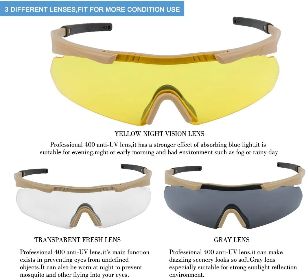 xaegistac Tactical Eyewear 3 Interchangeable Lenses Outdoor Unisex Shooting Glasses