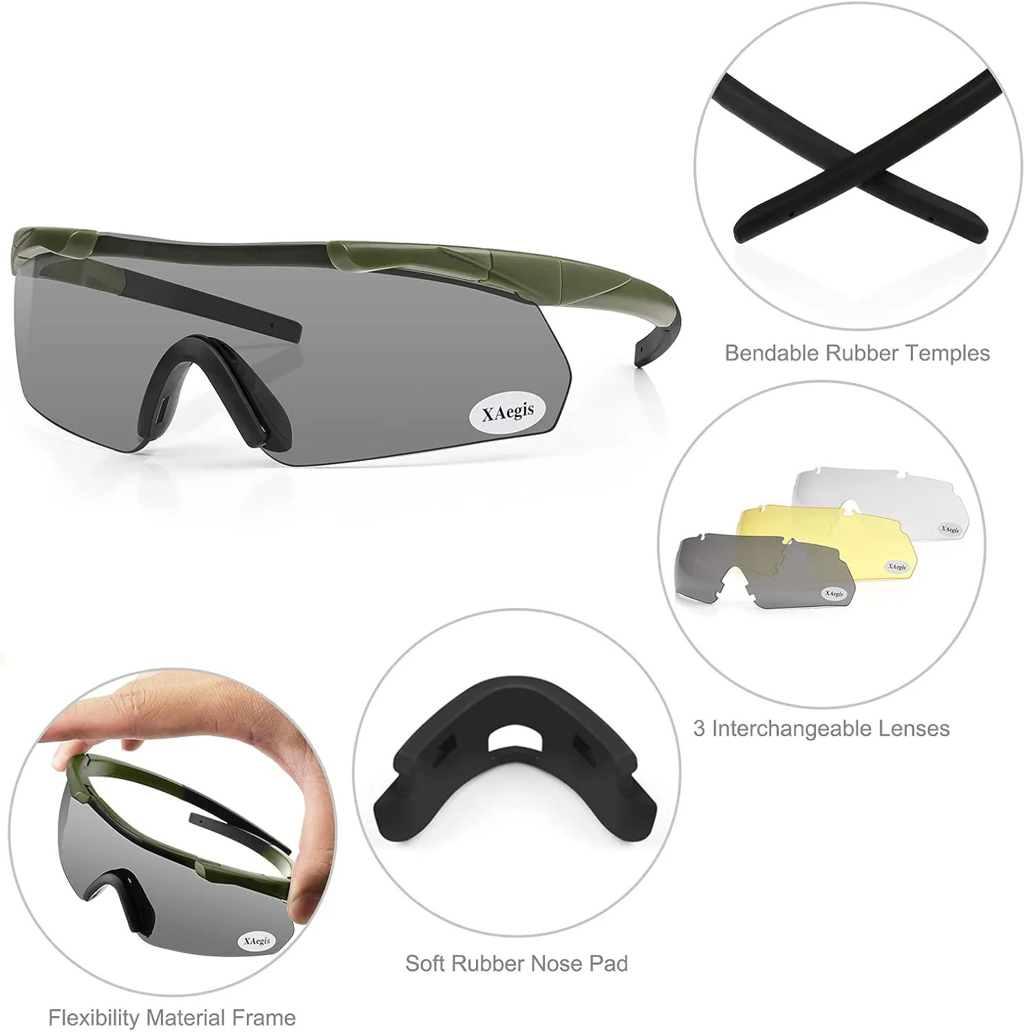 xaegistac Tactical Shooting Glasses with 3 Interchangeable Lens High Impact Eye Protection