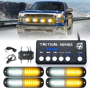 Xprite LED Surface Mount Strobe Lights Kit, White Amber Grill Grille Emergency Warning Marker Flashing Light with Control Box for Trucks Vehicles ATV RV Cars Van - 4PCS