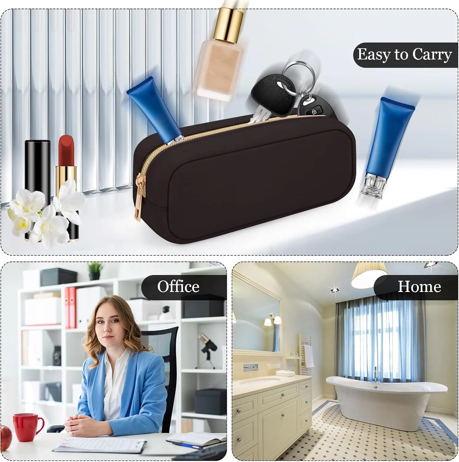 XSUIOY Makeup Bag Travel Bag Pouch for Purse, Cute Preppy Makeup Bag Cosmetic Zipper Pouch Purse Organizer Bag for Women, Waterproof Nylon Coin Pouch Sanitary Napkin Storage Bag for Work(Brown-Small)