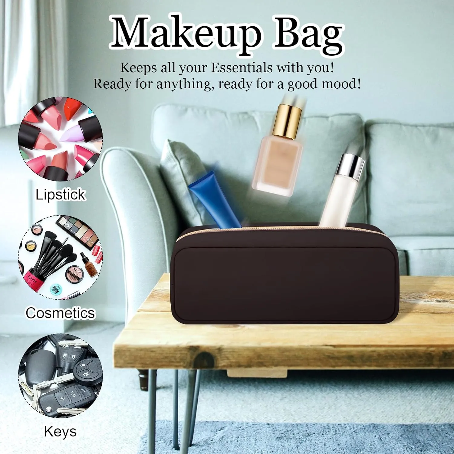 XSUIOY Makeup Bag Travel Bag Pouch for Purse, Cute Preppy Makeup Bag Cosmetic Zipper Pouch Purse Organizer Bag for Women, Waterproof Nylon Coin Pouch Sanitary Napkin Storage Bag for Work(Brown-Small)