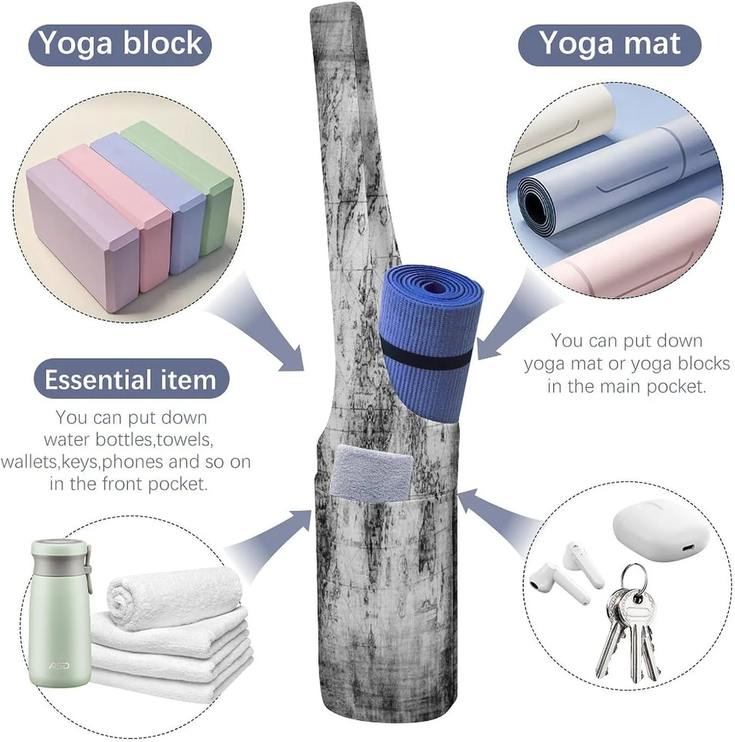 Yoga Mat Bag, Soft Canvas Storage Bag Fashion Mat Bag for Clothes Dorm Organizer with Pocket Shoulder Strap