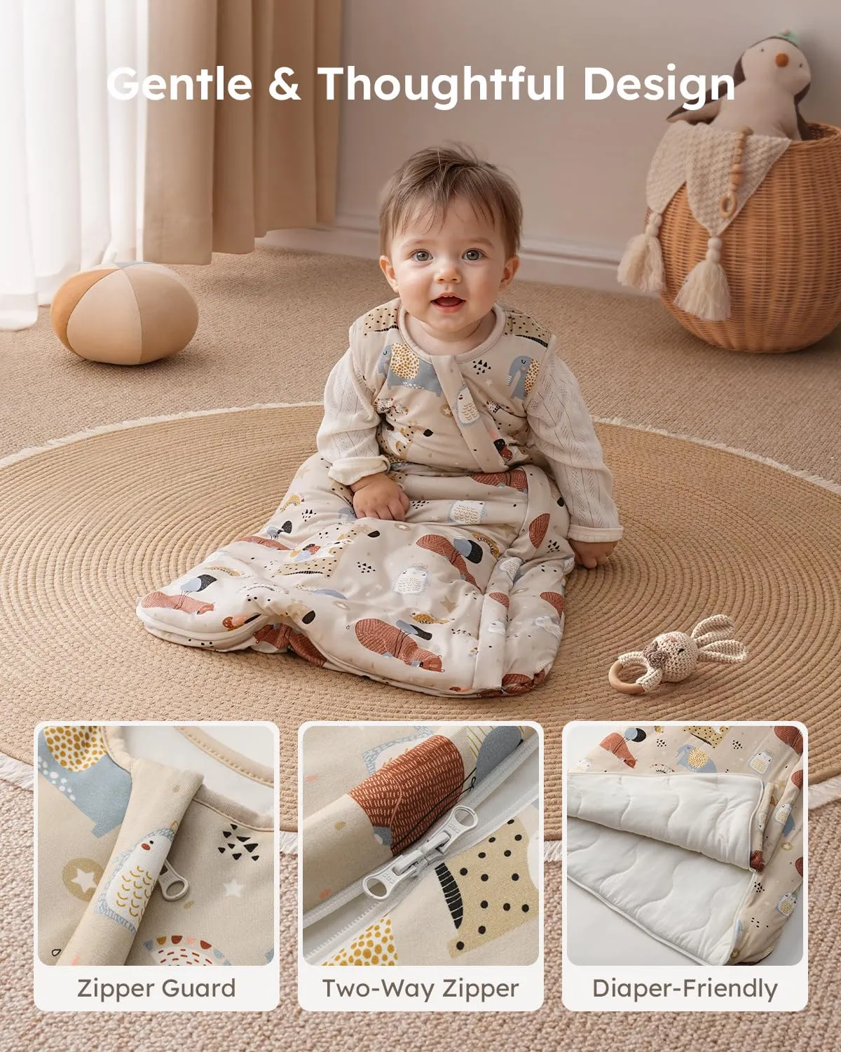 Yoofoss Rayon Made from Bamboo Baby Sleep Sack 6-12 Months TOG 1.0 Baby Wearable Blanket, Super Soft Infant Toddler Sleeping Sack 2-Way Zipper, Animals & Balloons