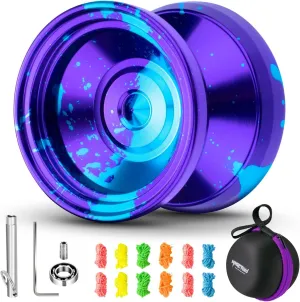 Yoyo Professional Responsive Yoyo V8 - Dual Purpose YoYo for Kids Beginners, Pro Metal Yo-Yo for Adults with Unresponsive Yo yo Bearing   12 Strings, Case Bag, Removal Tool (Purple Blue)