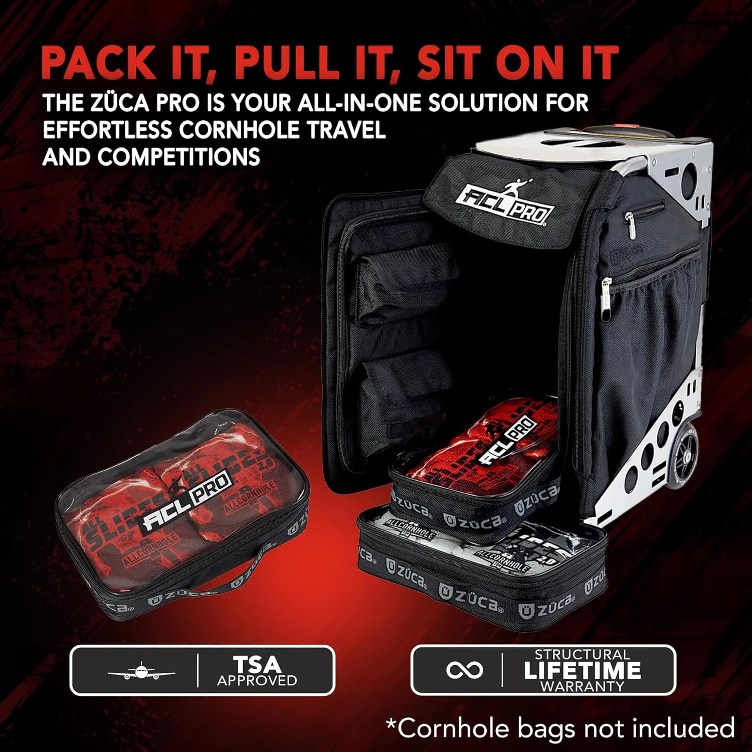 ZUCA Cornhole Pro Bag & Frame - Lightweight Suitcase Carry Luggage, FAA-Compliant Aluminum Frame with Telescoping Handle, Shock-Absorbing Wheels & Water-Resistant Insert Bag, 300 lbs Capacity